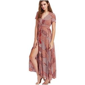 New Irina Woman's Short Sleeve Long V Neck Design Dress SIZE LARGE